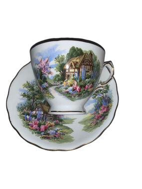 Royal Vale Teacup and Saucer Set, Multicolor house scene